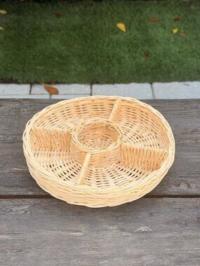 Vintage Round Wicker Serving Tray Basket With 4 Divided Sections 8" Farmhouse